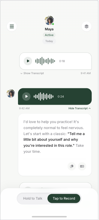Saystead conversation screen with a voice reply and optional transcript