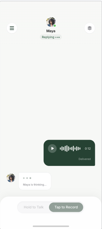 Saystead replying screen showing a delivered voice note while Maya thinks